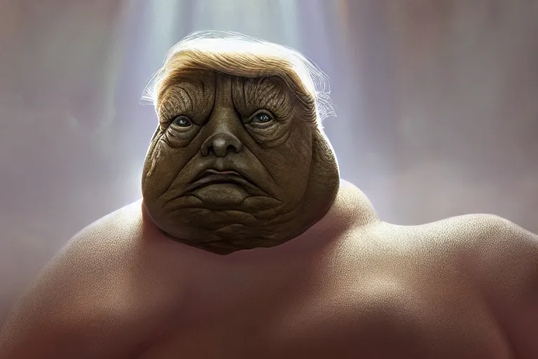 Prompt: jabba the hutt but instead its donald trump from star war s, cinematic, 4 k, god rays through fog.