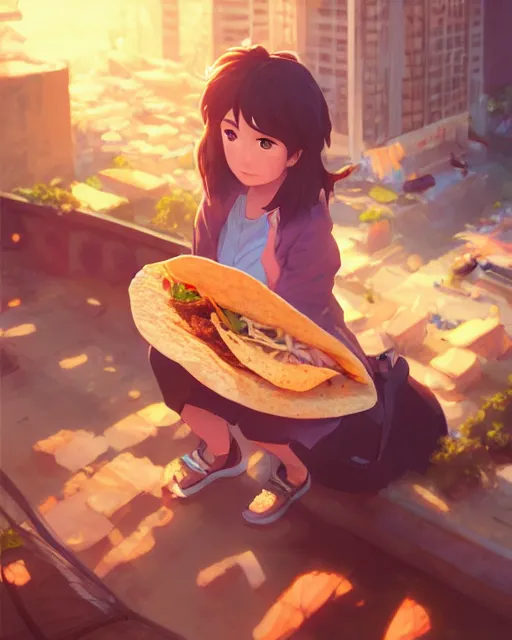 Prompt: a girl eating a huge taco, full shot, atmospheric lighting, detailed face, by makoto shinkai, stanley artgerm lau, wlop, rossdraws