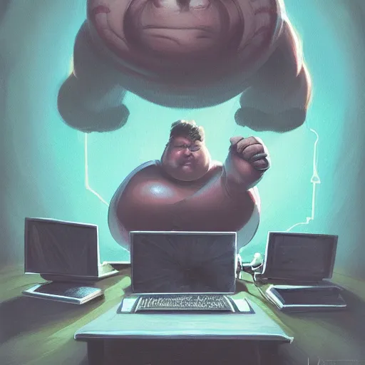 Image similar to a insanely detailed painting of a slightly overweight man wearing a homemade superhero costumed, sitting at a computer desk, nervously and clicking on the mouse, in the style of peter mohrbacher, dramatic lighting and composition, trending on artstation, concept art, comic book, graphic novel