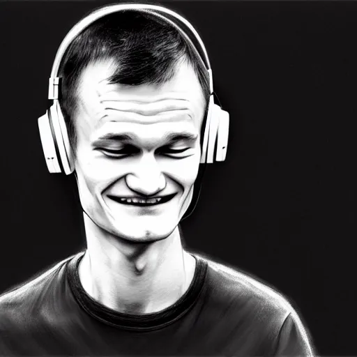 Image similar to vitalik buterin in big headphones with closed eyes listens to music and smiles with black background, wayne barlow, bao pham, donato giancola, larry elmore, masterpiece, trending on artstation, featured on pixiv, cinematic composition, beautiful lighting, sharp, details, hyper - detailed, hdr, 4 k, 8 k