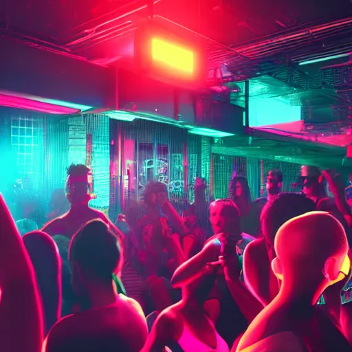 Image similar to ultradetailed 8 k hd octane render of a crowded neon cyberpunk dance club