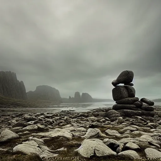 Prompt: giant stone man by grzegorz rutkowski, atmospheric haze, stormy, tundra, hudson river school, princess in foreground, large scale