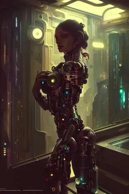 Image similar to ultra realistic, beautiful female cyborg in a crowded smoky cyberpunk club in space megalopolis, sci - fi, intricate details, eerie, highly detailed, octane render, 8 k, art by artgerm and alphonse mucha and greg rutkowski