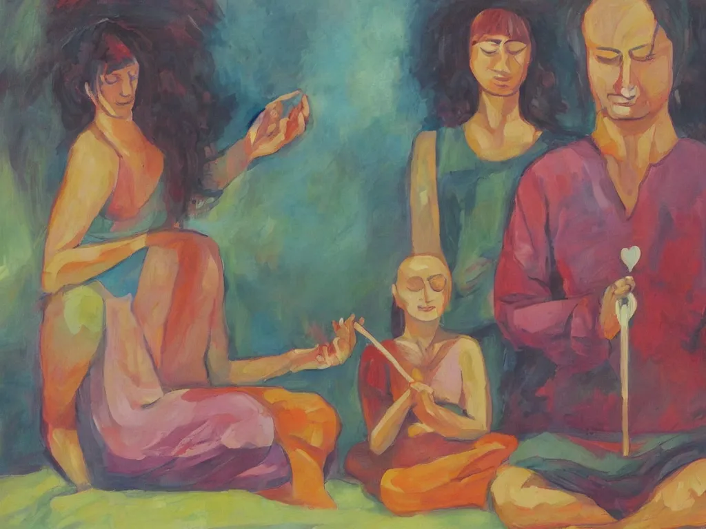 Prompt: man and woman meditating with lollipop. painting by carle eric