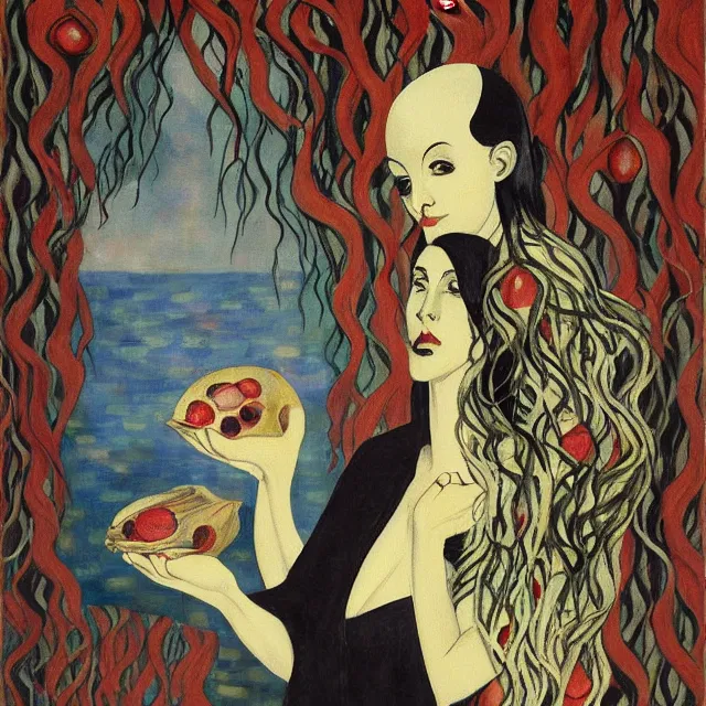 Prompt: tall female emo artist holding a skull in her flooded apartment, pomegranates, octopus, water gushing from ceiling, painting of flood waters inside an artist's apartment, a river flooding indoors, candles, ikebana, zen, rapids, waterfall, black swans, canoe, berries, acrylic on canvas, surrealist, by magritte and monet