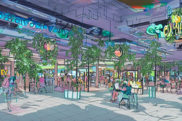 Prompt: overgrown vaporwave 9 0's mall food court converted into a sanctuary by cybernetic cult, concept art