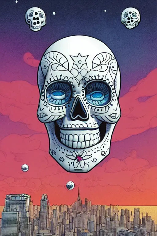 Prompt: comic cover art of a ( very very disturbing ) ( very very huge ) ( chrome sugar skull! ) floating in the sky above a metropolitan city, viewed from the ground, by jenny frison and sana takeda, intricate details, stunning inking lines, flat colors, 4 k, hd, artstation