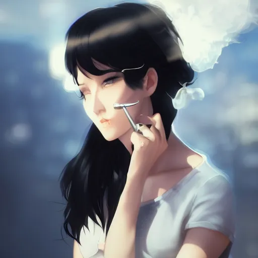 Prompt: black hair woman smoking a cigarette by krenz cushart stu dts yoshiku wlop, white smoke, cinematic lighting, back lit, chromatic aberration, white smoke, trending on ArtStation Pixiv