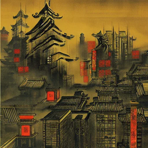 Prompt: blade runner, in the style of traditional chinese paintings