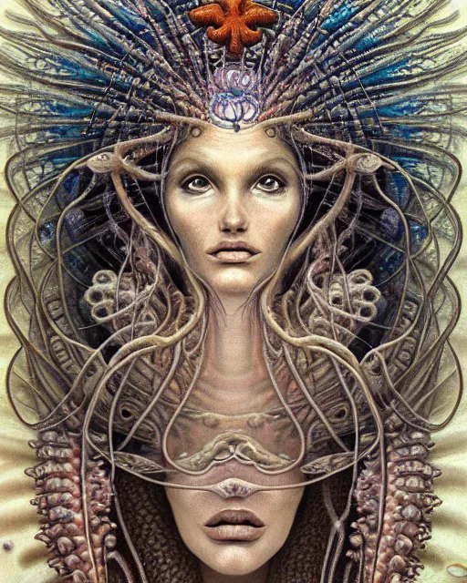 Image similar to realistic detailed underwater portrait of the goddess of the fish of the three times with an intricate headdress of corals, sea kelp, sea plants, fish, jellyfish, art by boris vallejo, ernst haeckel, zdzisław beksinski, gothic, neo - gothic, ornamental,