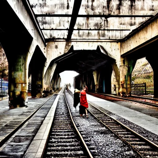 Prompt: poor people life under railway bridge, award winning, realistic, 2 0 0 0 p, hyper details, by steve mccury, best on adobe stock, cinematic, detailed place and people, 3 5 mm lens