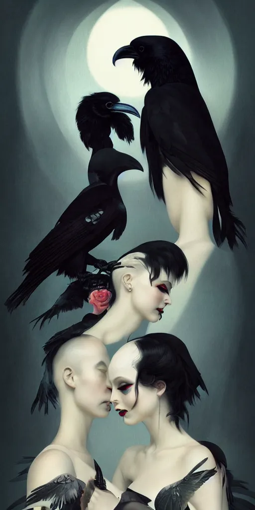 Image similar to breathtaking detailed concept art painting art deco portrait of goth couple amalgamation raven, by hsiao - ron cheng, bizarre compositions, exquisite detail, extremely moody lighting, 8 k