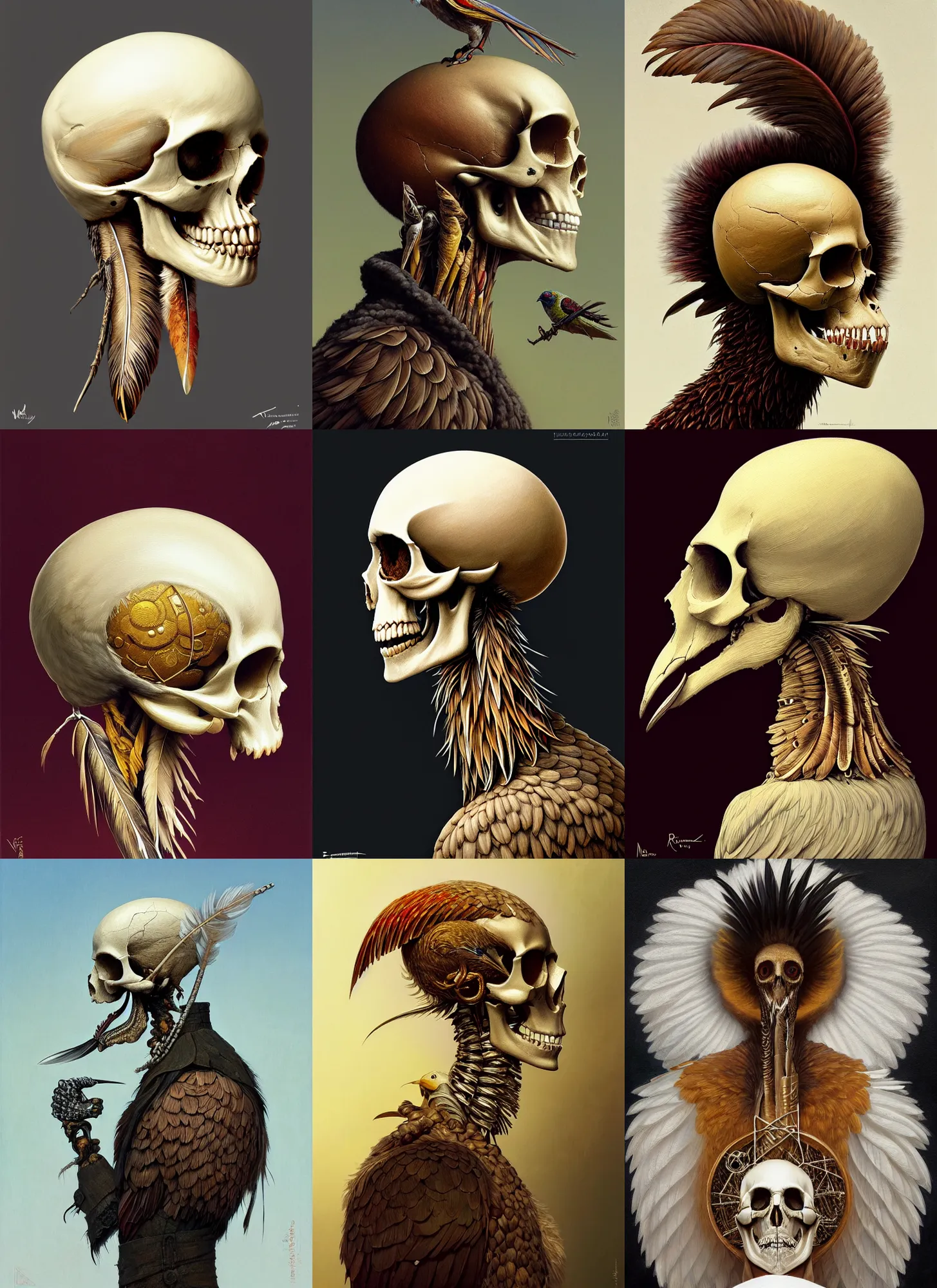 Prompt: rpg! profile!! portrait of bird skull humanoid on white background, beak, feathers, surrealism, intricate, highly detailed, digital painting, artstation, concept art, smooth, sharp focus, illustration, art by norman rockwell emiliano ponzi andrey remnev yoann lossel aaron jasinski, 8 k