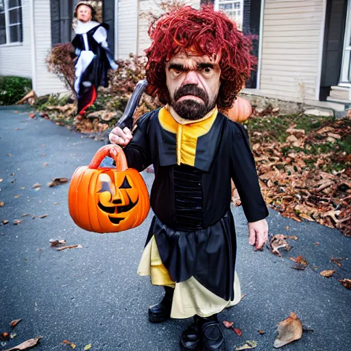 Image similar to peter dinklage trick or treating on halloween, ( sony a 7 r iv, symmetric balance, polarizing filter, photolab, lightroom, 4 k, dolby vision, photography awardm, voque, perfect face )