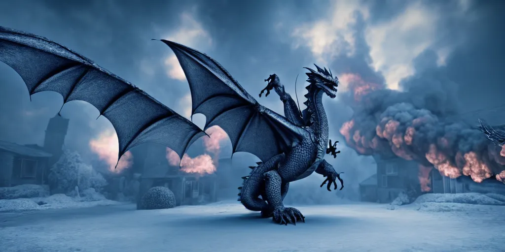 Prompt: a dragon made of smoke attacking a village in winter, realistic, 4k, cinematic