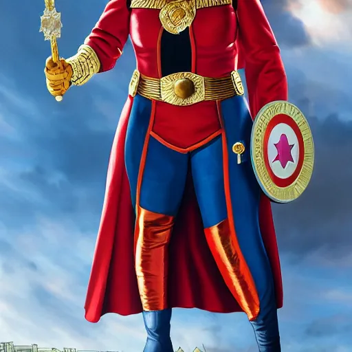 Image similar to Queen Elizabeth as Captain Britainica from Marvels Avengers, age of Duracell