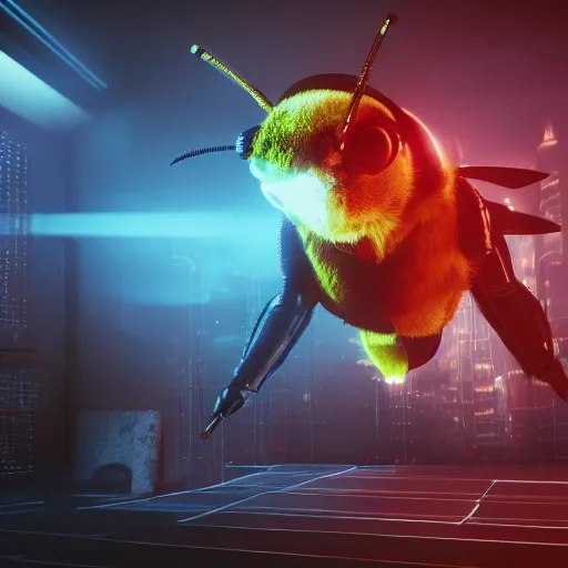 Prompt: cyberpunk bee, studio photo, volumetric light, octane