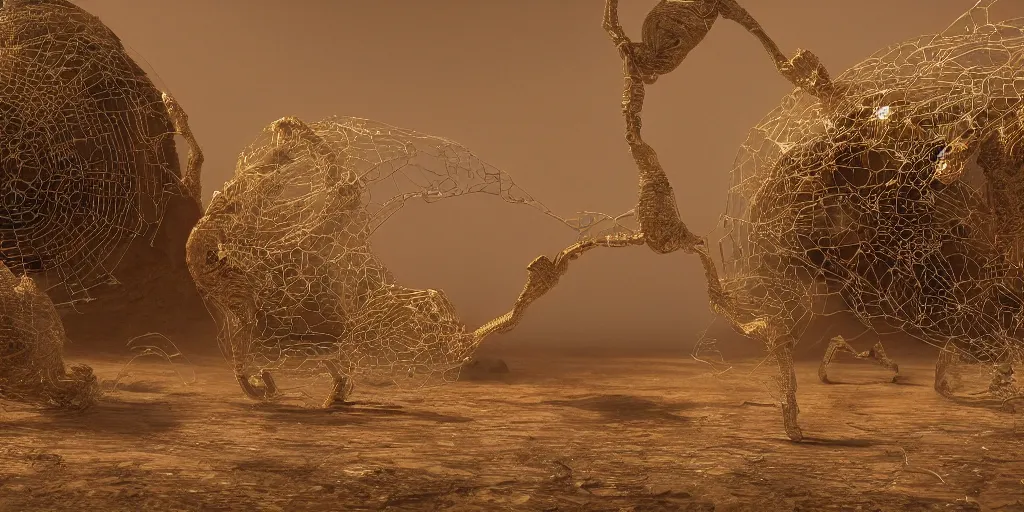Image similar to A George Miller film, an ornate real characters made out of intricate metallic filament webs with cutaways to see into the Endocrine system built out of dust and light, floating in the desert night, hyper-realism, very detailed feel, rendered in Octane, tiny points of light, caustic, 4k, beautiful lighting, foggy