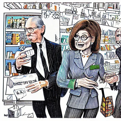 Image similar to The Artwork of R. Crumb and his Cheap Suit Mitch McConnell and Nancy Pelosi go shopping, pencil and colored marker artwork, trailer-trash lifestyle