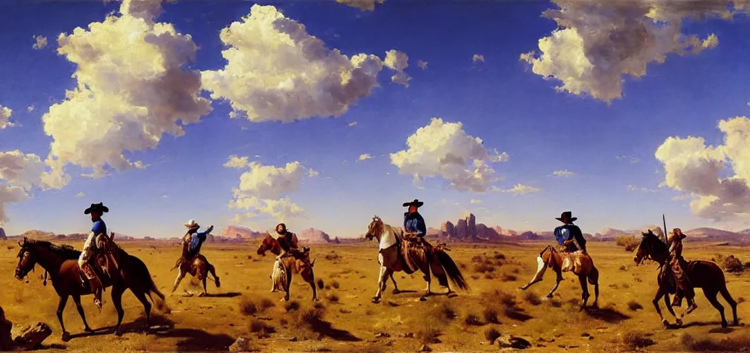 Prompt: painting of a strikingly beautiful blue sky with puffy white clouds over a western landscape, cowboys are having a shootout by eugene von guerard, ivan shishk, rosa bonheurn, john singer sargent, 4 k