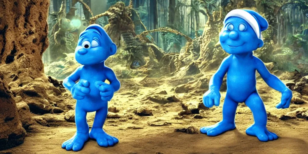 Image similar to a 3 d rendered movie still a smurf descendant 1 million years in the future. the smurf is sentient, wears a spacesuit, and explores cosmos in a super awesome space ship. science fiction blockbuster smurfs rule the world or my stepmom is a smurf from the future, imax 7 0 mm. silent running, fifth element.