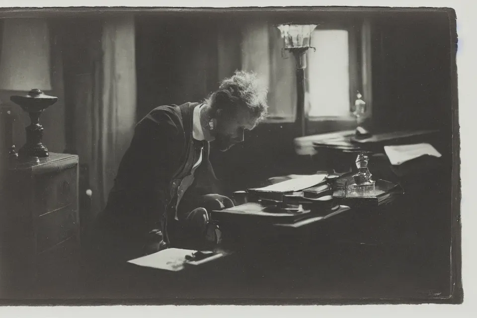 Image similar to wet plate photograph, august strindberg banging his fist on a secretary desk in a small viennese apartment, night time, alone, lamplight, victorian era, depth of field, very detailed, highly accurate, intricate