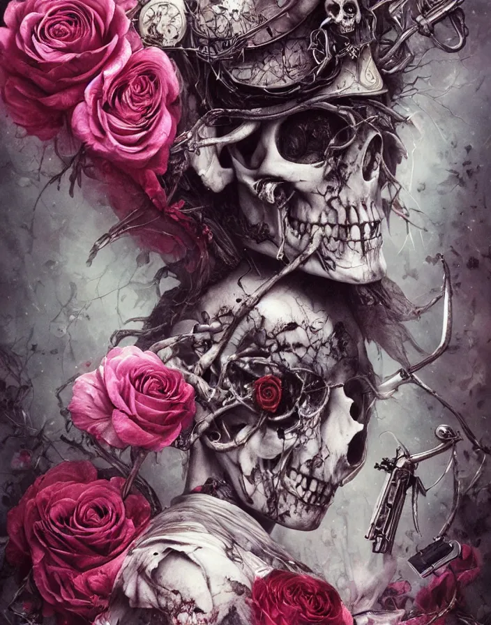 Image similar to Alice in Wonderland,roses, bullets, guns,death tarot card,highly detailed,half skull face,cinematic,8k,by Stanley Artgermm,Tom Bagshaw,Greg Rutkowski,Carne Griffiths, Ayami Kojima, Beksinski, Giger,trending on DeviantArt,hyper detailed,horror, full of colour