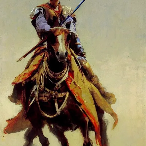 Prompt: portrait of man on horseback holding jousting lance, caparisons, by greg manchess, bernie fuchs, ruan jia, walter everett