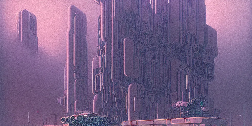 Prompt: grainy risograph matte painting of gigantic huge mech covered with rocket launchers, 5 th element, gattaca, pastel matte colors, staying in the foggy huge parking station, by moebius, hyperrealism, intricate detailed