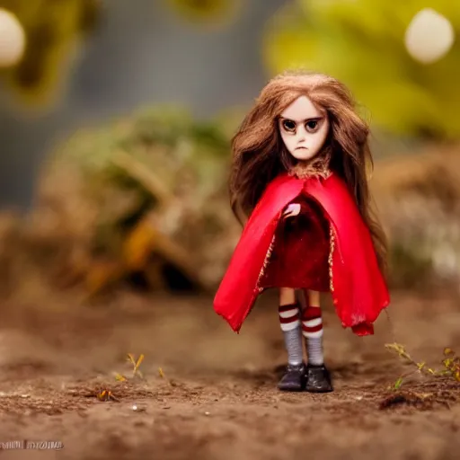 Image similar to a cinematic film still of a claymation stop motion film starring emma watson as little red riding hood, and realistic wolf, shallow depth of field, 8 0 mm, f 1. 8