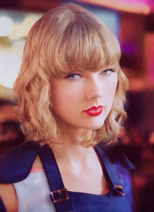 Prompt: a close - up, color cinema film still of a taylor swift as a waitress at hooters, cinematic lighting at night.