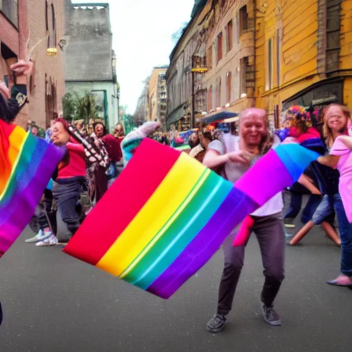 Image similar to people dancing with rainbow ribbons of color