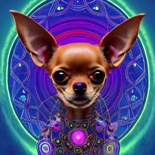 Image similar to a chihuahua with a third eye living in an extradimensional reality, in the style of wlop and alex grey, illustration, epic, fantasy, hyper detailed, smooth, unreal engine, sharp focus, ray tracing, physically based rendering