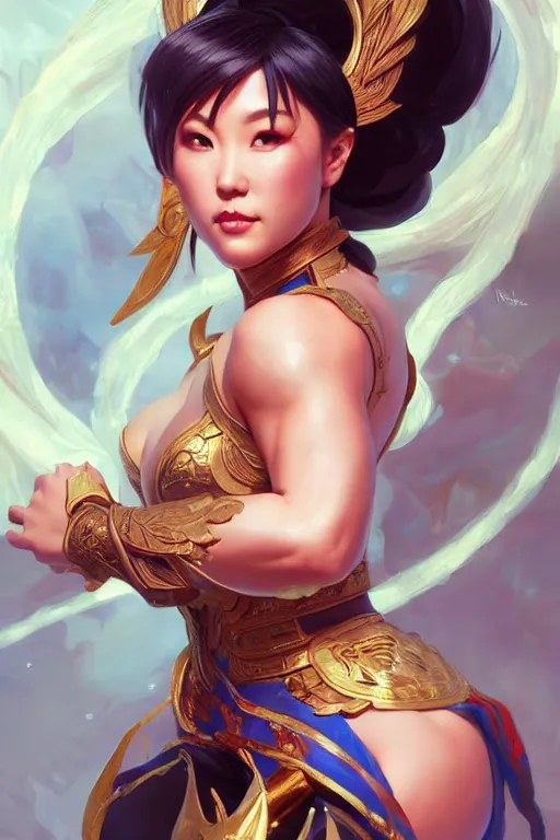 Prompt: beautiful chun li, full body shot, d & d, fantasy, intricate, elegant, highly detailed, digital painting, artstation, concept art, matte, sharp focus, illustration, hearthstone, art by artgerm and greg rutkowski and alphonse mucha