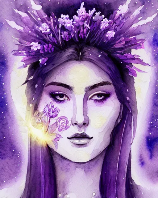 Image similar to watercolor portrait of a lunar priestess, lavender flowers, artgerm, radiant halo of light, gilding, intricate design