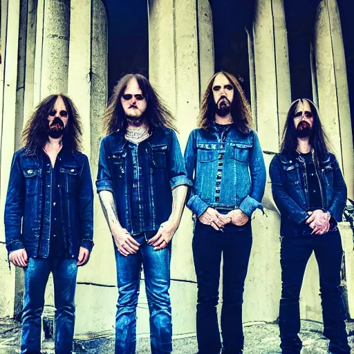 Prompt: Proto-metal band, long shaggy hair, double denim, 2022 photograph, band promo, HD photograph