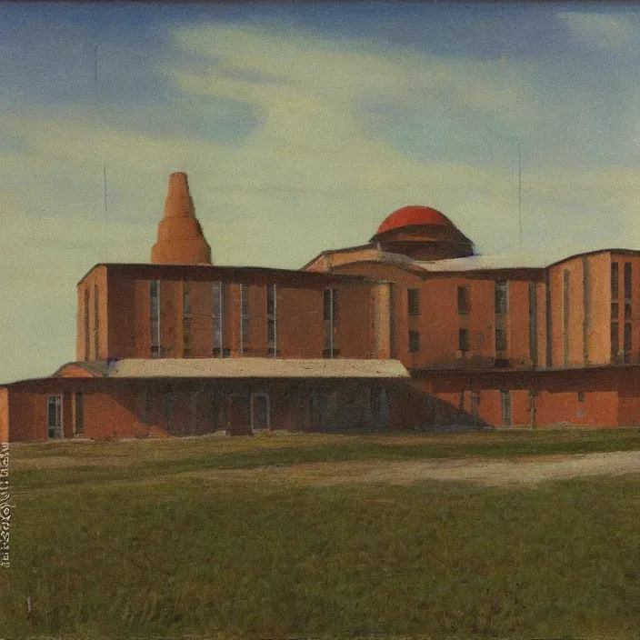 Image similar to a building in a serene landscape, soviet realism