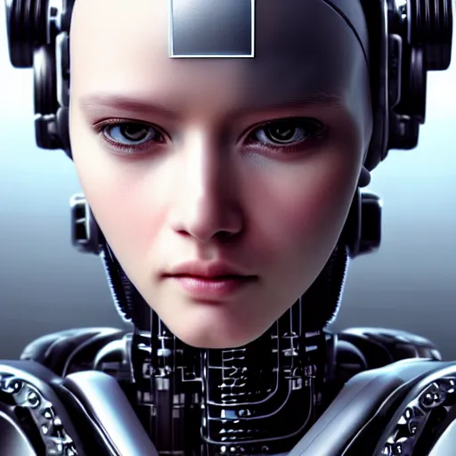 Image similar to centered portrait of an ultra detailed Mechanical Cyberpunk Female Android, looking into the camera!!, intricate, elegant, super highly detailed, professional digital painting, artstation, concept art, smooth, sharp focus, no blur, no dof, extreme illustration, Unreal Engine 5, Photorealism, 8k, cinematic, art by artgerm and greg rutkowski and alphonse mucha and loish and WLOP