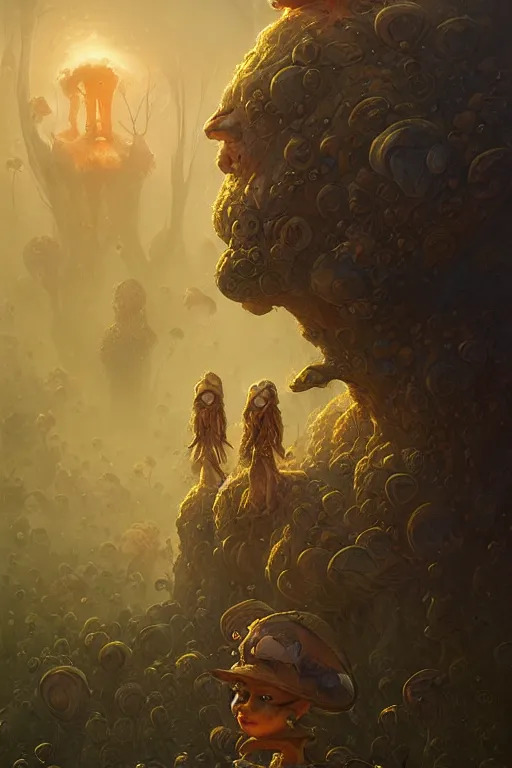 Image similar to portrait of mushroomfolk by Peter Mohrbacher and Peter Gric, volumetric lighting, good composition, trending on artstation, polarizer filter, in the golden hour