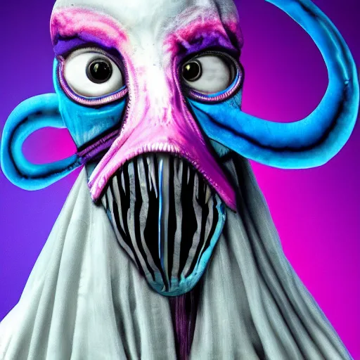 Image similar to A 4 legged tall alien creature with a hump covered in blue and magenta feathers, a long boney neck and face representing a plague doctor mask, high quality, hyper realistic