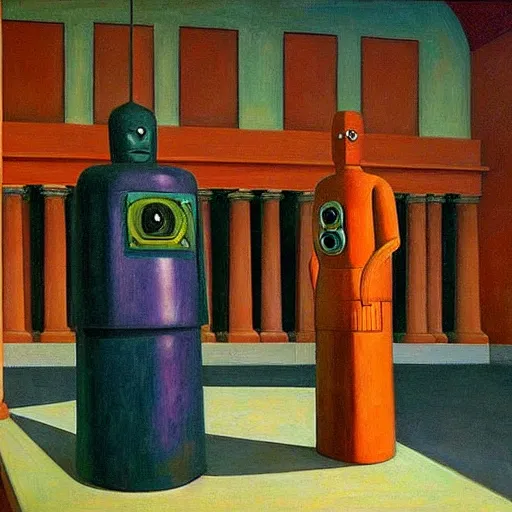 Prompt: robot druids in a grandiose atrium, grant wood, pj crook, edward hopper, oil on canvas