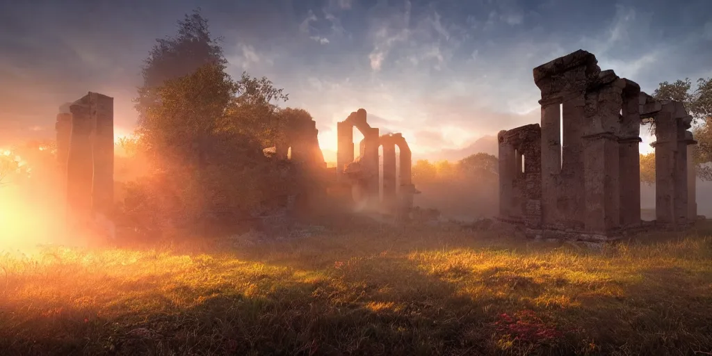 Image similar to mystical ruins, volumetric lighting, sunrise, vivid, fog