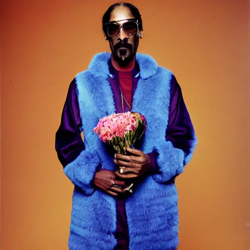 Image similar to Snoop Dogg wearing a mink fur coat, while holding a Vase of flowers for a 1990s sitcom tv show, Studio Photograph, portrait, C 12.0