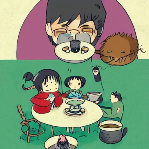 Image similar to tiny imaginary creatures having tea party inside a humans beard. in a style of hayao miyazaki.