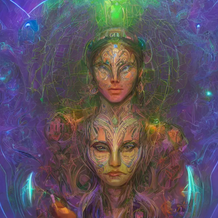 Image similar to portrait of a future metaverse ayahuasca tech shaman warrior, 2 d cartoon, visionary art, symmetric, magick symbols, holy halo, shipibo patterns, sci - fi, concept art, trending on art station, 8 k digital art, by mandy jurgens, fantasy portrait art, anime