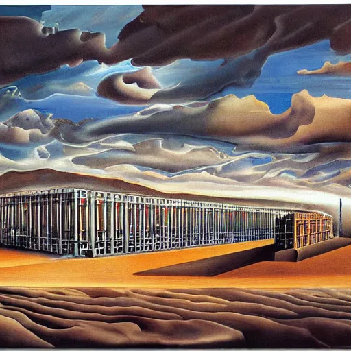 Image similar to industrial automated tesla factory painted by salvador dali
