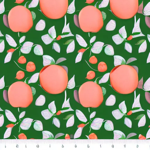 Image similar to repeating fabric pattern, minimalistic, miniature tiny peach color flowers, green vines and leaves, in the style of Bonnie Christine