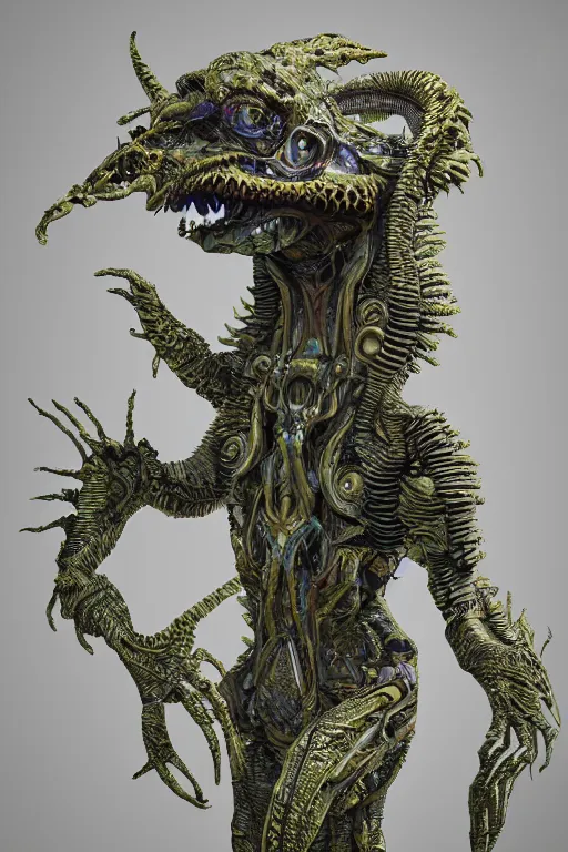 Prompt: hyper-maximalist overdetailed 3d sculpture of a biomechanical reptilian extraterrestrial monster by clogtwo and ben ridgway. 8k. Generative art. Fantastic realism. Scifi feel. Extremely Ornated. Intricate and omnious. Tools used: Blender Cinema4d Houdini3d zbrush. Unreal engine 5 Cinematic. Beautifully lit. No background. artstation. Deviantart. CGsociety. Inspired by beastwreckstuff and jimbo phillips. Cosmic horror infused retrofuturist style. Hyperdetailed high resolution Render by binx.ly in discodiffusion. Dreamlike polished render by machine.delusions. Sharp focus.