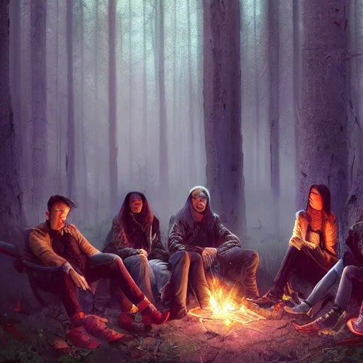 Image similar to close group portrait of vampires chilling at the forest smoking weed, realistic digital art 4 k, high quality, greg rutkowski, zabrocki, karlkka, jayison devadas, phuoc quan, trending on artstation, 8 k, ultra wide angle, zenith view, pincushion lens effect