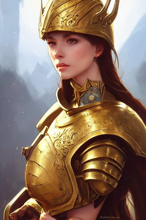 Image similar to beautiful girl knight, full body shot,, medieval armor, helmet, d & d, fantasy, intricate, elegant, golden trims, highly detailed, digital painting, artstation, concept art, matte, sharp focus, illustration, hearthstone, art by artgerm and greg rutkowski and alphonse mucha